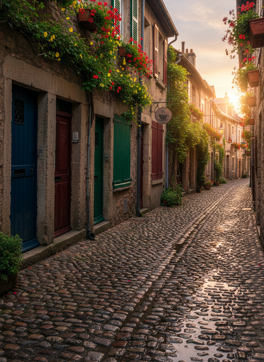 A narrow cobblestone alley in a historic European town just after a brief summer rain, the stones still glistening with shallow puddles that mirror colorful facades. On one side, a row of mismatched wooden doors and shuttered windows, some slightly crooked, are draped with climbing ivy and overflowing flower boxes in reds and yellows. A small metal sign with a simple symbol hangs above a tucked-away doorway, hinting at a hidden café. Soft golden-hour light filters in from the open end of the lane, creating a warm glow and elongated shadows. Shot in photographic realism from a low, slightly off-center perspective, the composition draws the eye toward the bright exit, conveying a playful sense of discovery, ideal for a story-driven city guide about wandering off the main tourist routes.
