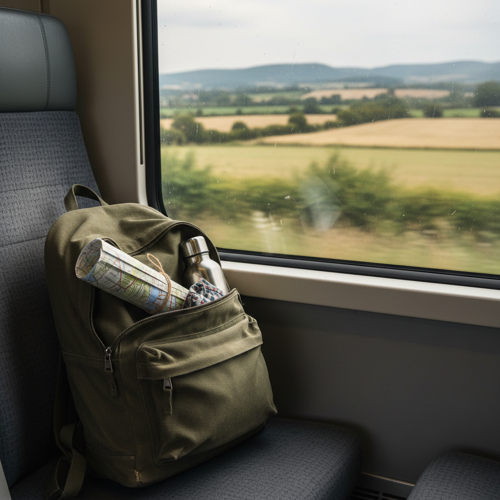A compact, weathered carry-on backpack made of olive-green canvas leaning against a train seat by a large window, its zippers slightly open to reveal a neatly rolled map, a reusable water bottle, and a small pouch. Outside the window, a European countryside of patchwork fields and distant hills rushes by in a gentle blur. Soft, overcast daylight diffuses through the glass, giving everything a natural, understated glow. The composition is eye-level, tightly framed around the backpack and window edge, with the passing scenery rendered as subtle bokeh. Photographic realism emphasizes textures: the frayed backpack straps, slightly dusty window frame, and faint smudges on the glass. The atmosphere is casual, playful, and practical, capturing the spirit of spontaneous rail travel and hands-on tips for getting around Germany and neighboring countries.