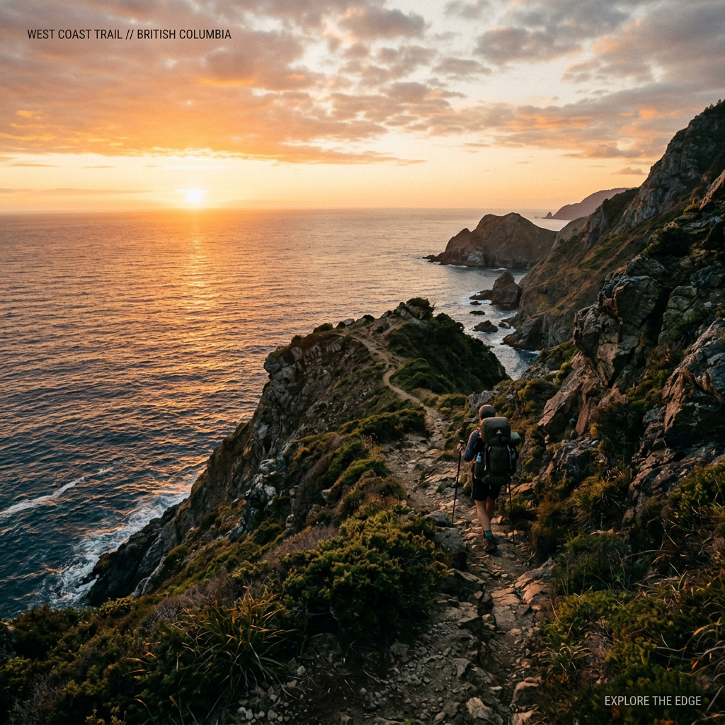Hiker walking on rocky coastal trail near ocean at sunset
