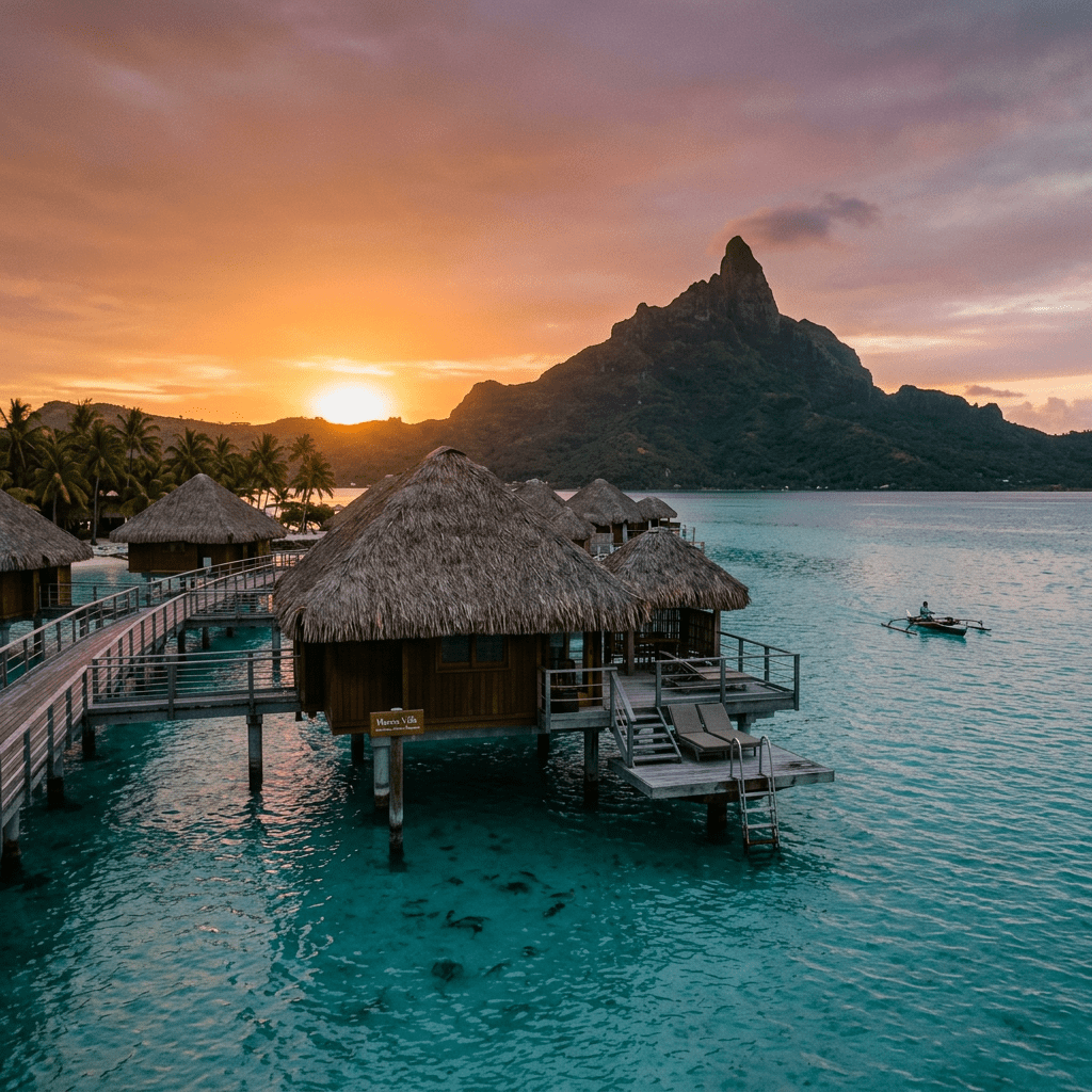 Thatched roof overwater bungalows on turquoise water with mountain and sunset