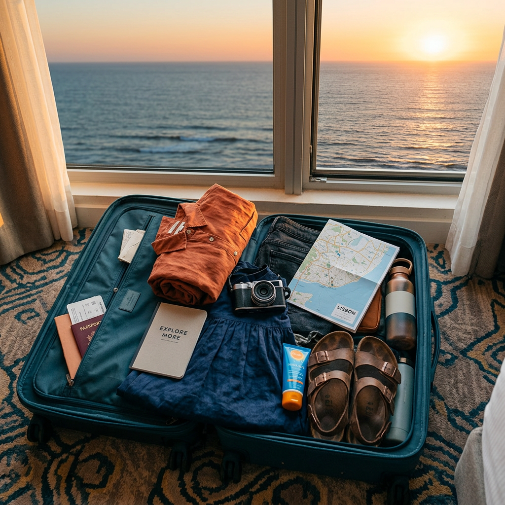 Open suitcase with packed clothes, camera, map, sunscreen, sandals, and travel items by a window showing ocean sunset.
