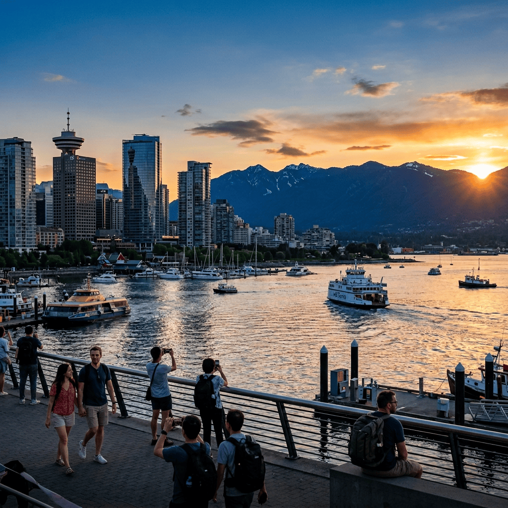 Sunset over Vancouver waterfront with boats, city skyline, and mountains